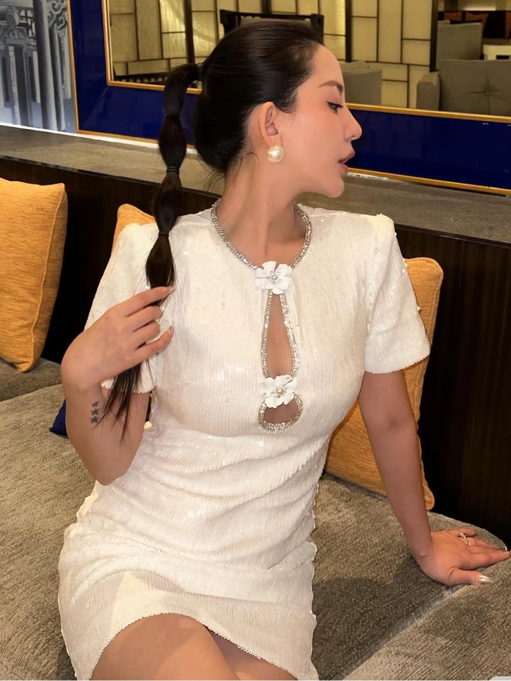 Self-Portrait White Sequin Dress with Crystal Trim NWT